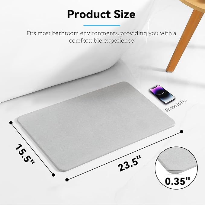 Stone Bath Mat, Dries Quickly, Non-Slip Diatomaceous Earth Bath Mats for Bathroom, Super Absorbent Stone Shower Mat, Easy to Clean, 23.5" x 15.5" Light Gray