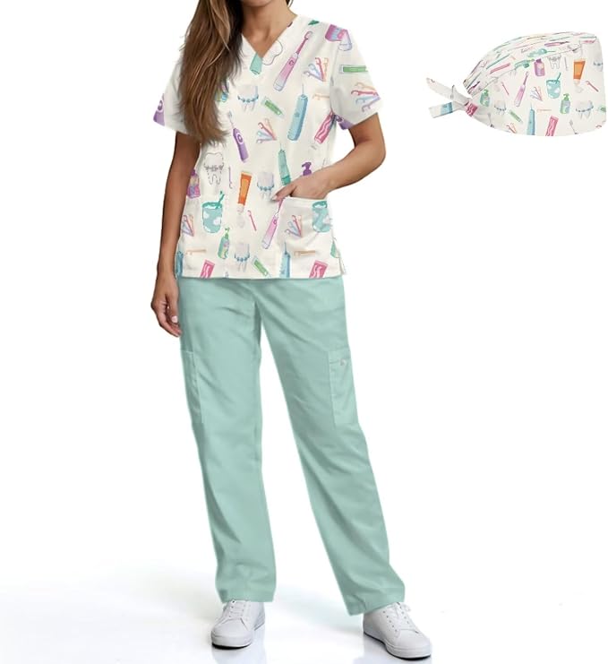 Gomyblomy Women's Scrubs Suit 3-Piece Set | Teeth Print V-Neck Top & Pants & Cap, Breathable and Stretch Fabric, S-5XL
