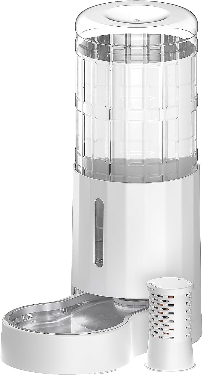 CZPET 2.5 Gallon Dog Water Bowl Dispenser with Filter (9.5L,White) | With Stainless Steel Bowl Gravity Waterer, Large Capacity and Drinking Area Noise-Free for Pets
