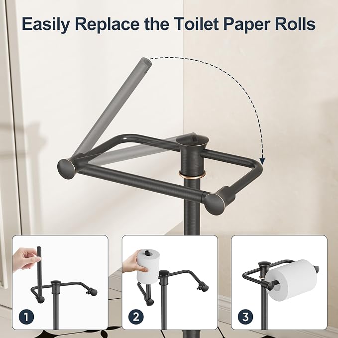 Bathroom Toilet Paper Holder Stand, Oil Rubbed Bronze Toilet Paper Holder Free Standing, Stainless Steel Pivoting Toilet Tissue Roll Holder，Adjustable Height (14 to 24 Inch) Paper Holder