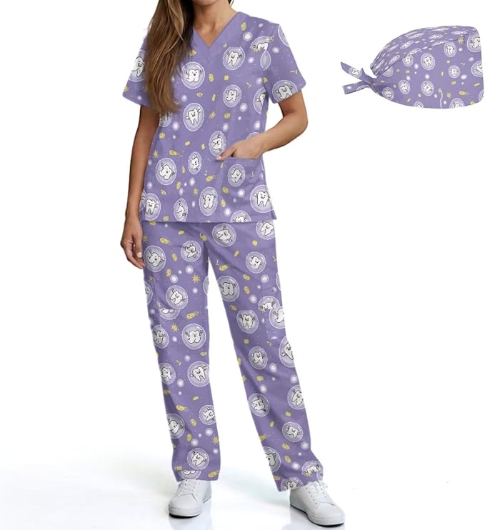 Gomyblomy Women's Scrubs Suit 3-Piece Set | Teeth Print V-Neck Top & Pants & Cap, Breathable and Stretch Fabric, S-5XL