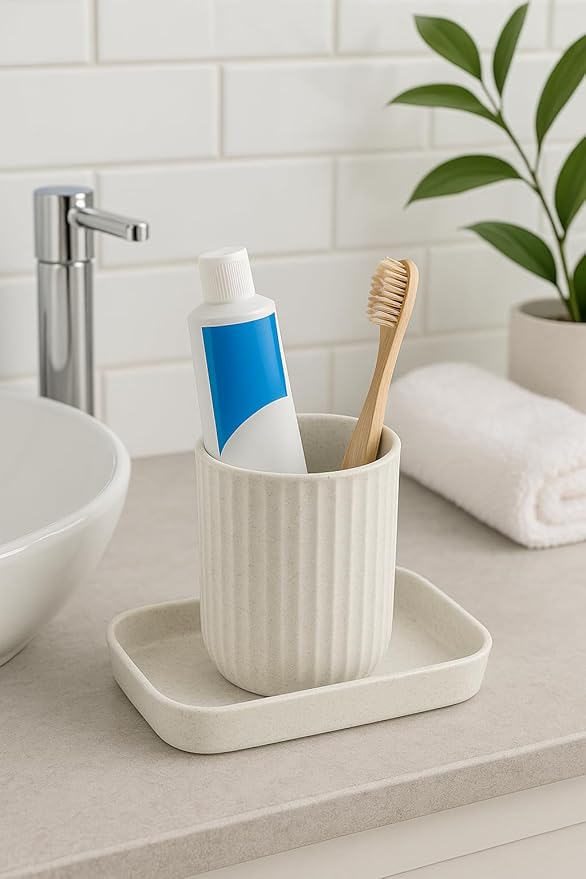 Bigining® Bathroom Accessory Set – 3pc Set Modern White Pump Bottle Plastic Toothbrush with Tray | Liquid Soap Dispenser & Toothbrush Holder Combo for Countertop Tumble
