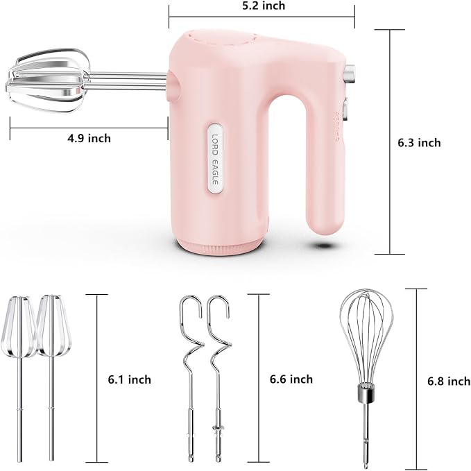 Lord Eagle 5-Speed Hand Mixer Electric, 300W Compact Handheld Mixer, Portable Kitchen Egg Beater with 5 Attachments & Storage Bag, Cake Supplies for Bread Dough Baking, Lightweight, Pink