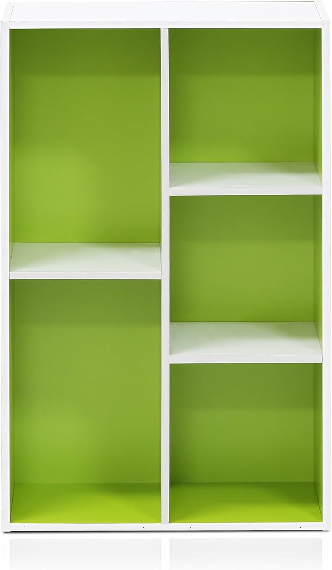 Furinno LUDER Book Shelf, 5-Cube Bookshelf, Reversible Bookcase, 9.4 x 19.5 x 31.5, Easy Assembly, for Living Room, Bedroom, Home Office, White/Green