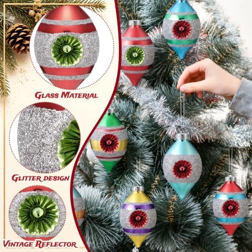 Soulchen 8pcs Retro Christmas Glass Finial Ornament with Reflector for Tree