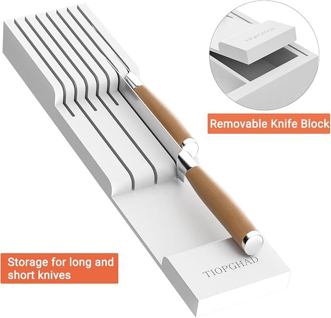 TIOPGHAD Bamboo-Silverware-Drawer-Organizer-Kitchen, Expandable Utensil Holder Cutlery Tray Flatware Organization Adjustable Wood Tableware Dividers Storage (with Removable Knife Block)(White)