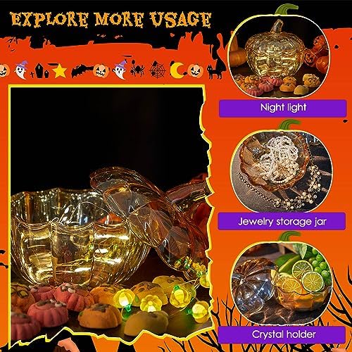 2 Pcs Glass Pumpkin Candy Jar with Lid Halloween Fall, 70 Oz,70 oz, Amber