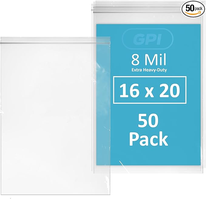 GPI - 16" x 20" Ultra Heavy-Duty Zip Bags, Extra-Large 8 Mil Thick Reclosable Puncture-Resistant Plastic Zipper Baggies, Resealable Poly Zip Top Bag for Construction, Tools & Sharp Objects. 50 Count