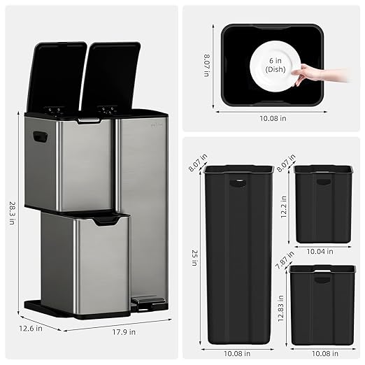 mVm 16 Gal 3 in 1 Kitchen Trash Can, Triple Compartment Garbage Can, Heavy Duty Anti Fingerprint Brushed Recycling Bin for Office Home