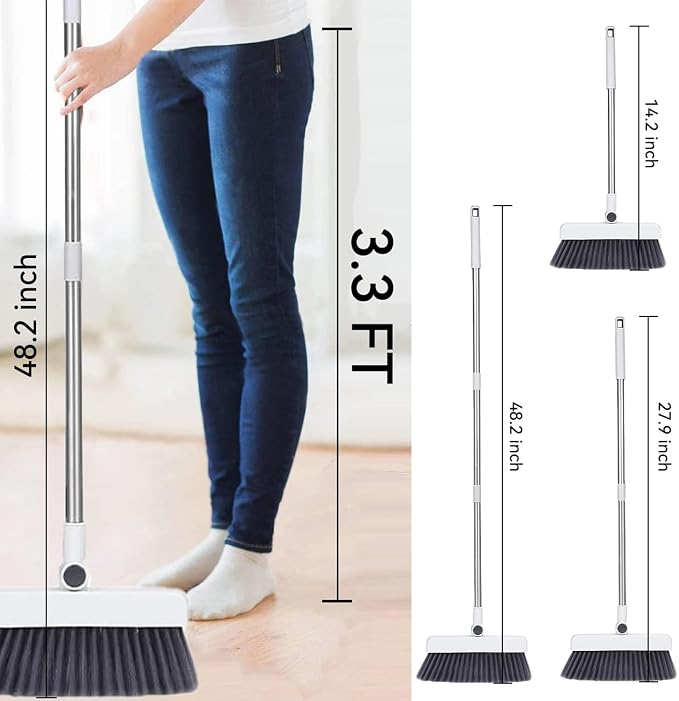 SZZJKJ Broom with Dustpan Combo Set, Silicone Long Handle Broom Dustpan, Floor Scrub Brush - Cleaning Broom 4 in 1 (White)