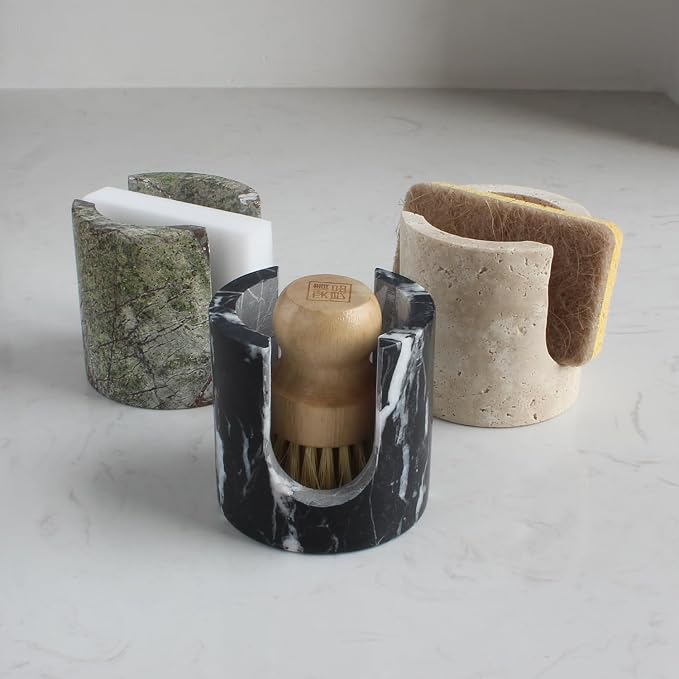 Natural Travertine Sponge Holder for Kitchen Sink, Drying Rack, Compact Sink Caddy Organizer - Nero Portoro Marble