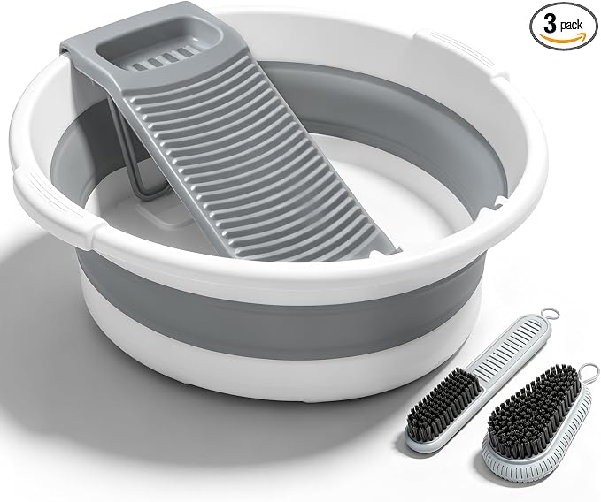 Lounsweer Large Collapsible Washboard Basin for Hand Washing Clothes with 2 Cleaning Brushes Portable Folding Laundry Tub with Non-Slip Washtub for Home Travel Camping