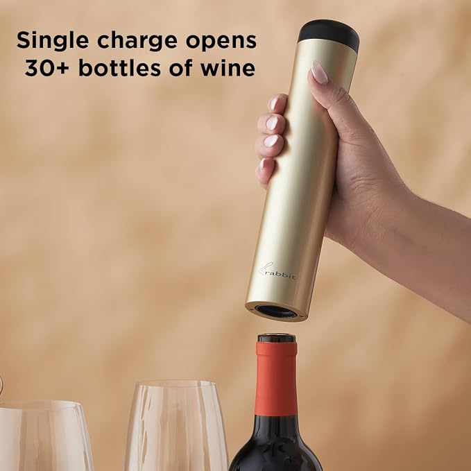 Rabbit Electric Wine Opener, Automatic Corkscrew with Built-In Foil Cutter, Removes Cork in Seconds, Gold