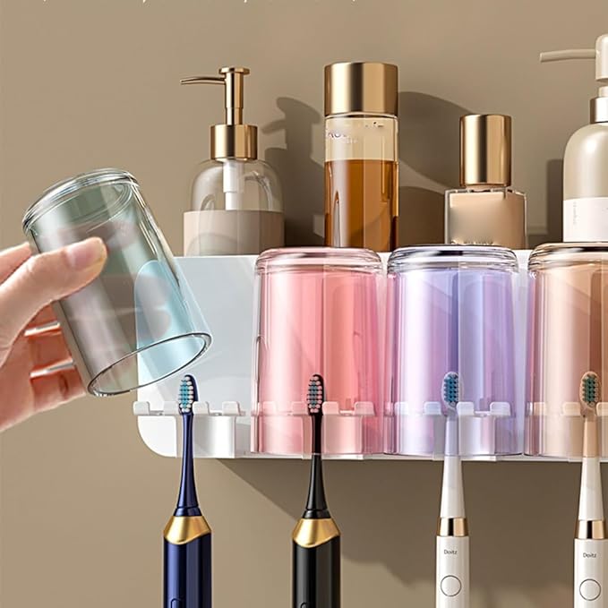 Toothbrush Rack Toothbrush Rack Free Punching Wall-Mounted Mouthwash Cup Brush Color Tooth Cup Wall-Mounted Bathroom Shelf Family Rack Bathroom Toothbrush Holder