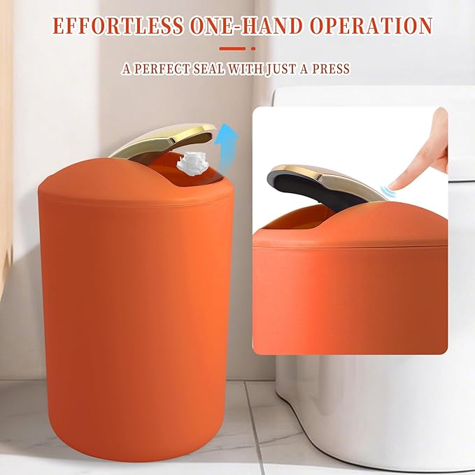 BSSN Orange Bathroom Accessories Set, Luxurious 9-Piece Bath Decor Set with Trash Can, Toilet Brush, Gold Pump Soap Dispenser, Multi-Slot Toothbrush Holder, Qtip Jars, Vanity Tray and Tumbler Cup