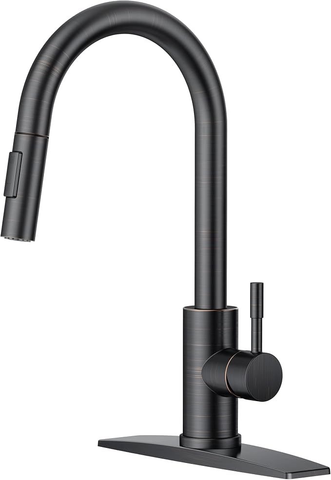 FORIOUS Oil Rubbed Bronze Kitchen Faucet with Pull Down Sprayer, High Arc Modern Classic Sink Faucet Stainless Steel with Deck Plate Fit for 1 or 3 Hole for Pot Filler Bar Farmhouse Laundry Rv, ORB