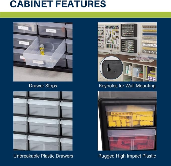 Akro-Mils 24-Drawer Plastic Drawer Storage Cabinet for Garage Organization, Bead Organizer, Building Bricks Storage, Teacher Toolbox, Makeup Organizer, 20-Inch W x 6-Inch D x 16-Inch H, 10124 Yellow