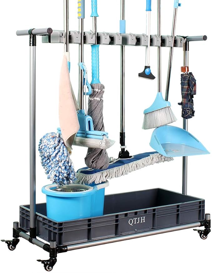 broom and mop holder put wet mops movable Commercial mop rack cleaning tool cart storage for garden garage organizer mop drain rack
