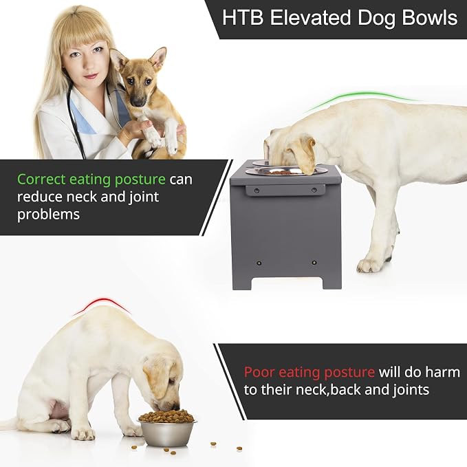 HTB Elevated Dog Bowl Stand with 2 Stainless Steel Bowls-10 H Large Grey | Raised Dog Bowl Stand, 10"tall, 48 Oz Bowls, for Large Sized Dogs, Pet-safe, Solid Bamboo