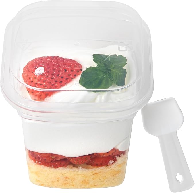 Restaurantware-Mini Serve 6.7 Ounce Dessert Cups With Lids And Spoons, 25 Disposable Serving Cups - Durable, Stackable, Clear Plastic Parfait Containers, For Dessert Take Out And Delivery Orders
