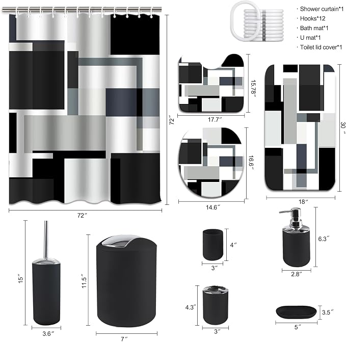 Lnond Black Bathroom Set, 23-Piece Black Geometric Bathroom Decor Set with with Shower Curtain and Rugs, Trash Can, Toilet Brush Holder Set & Soap Dispenser