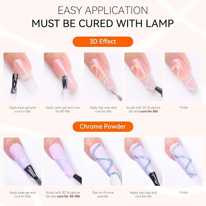 Makartt Rhinestone Glue for Nails with 3D Gel Nail Art Kit DIY Home Use | UV/LED Cured, 15ml Drawing Gel, Molding Gel, 30ML Gem Glue for Nail Charm, Embossed Designs, Rub Chrome Powder