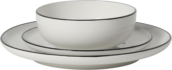 Gibson Home Havenstone 12-Piece Porcelain Dinnerware Set – Dinner Plates, Salad Plates & Bowls, Classic White With Black Rim Everyday Dish Set for Home, Kitchen, Microwave & Dishwasher Safe