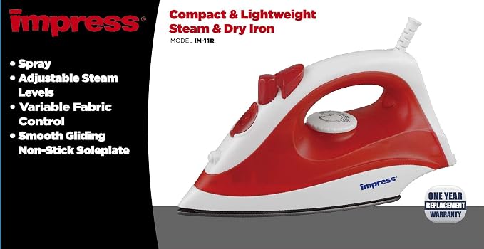 Impress Basic Clothing Iron | Non-Stick | Compact | Spray | Adjustable Steam | Fabric Selector | Swivel Cord | Lightweight | 1200-Watt (Red)
