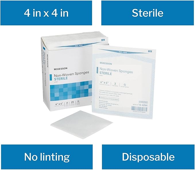 McKesson Non-Woven Sponges, Sterile, 4-Ply, Polyester/Rayon, 4 in x 4 in, 2 per Pack, 50 Packs, 100 Total