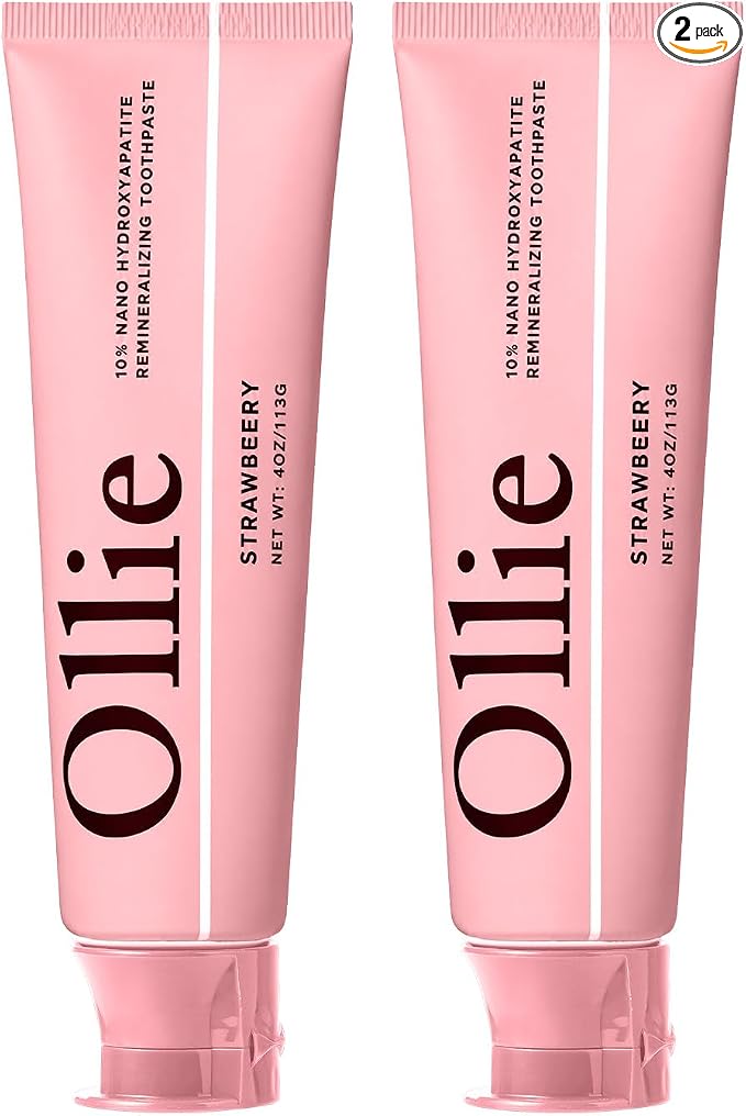 Ollie Fluoride Free 10% Nano Hydroxyapatite Toothpaste, Strawberry, 4oz | Rod-Shaped Nano HAP, Remineralizes Enamel, Reduces Sensitivity, Reverses Small Cavities, Naturally Whitens Teeth, (Pack of 2)