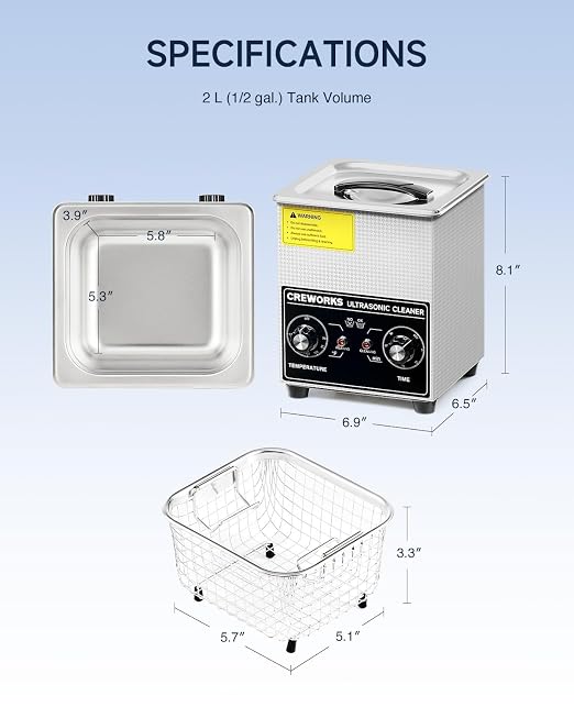 CREWORKS Ultrasonic Cleaner with Heater & Timer, 1/2 Gallon Stainless Steel 60W Ultrasonic Cleaning Machine with Degas & Gentle, 2L Sonic Machine for Professional Jewelry Watch Glasses Cleaning
