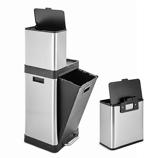 HOLDN’ STORAGE 32L Triple-Compartment Trash & Recycling Bin for Kitchen, 2 Removable Hook-On Bins, Multi-Access Opening, Odor Control, Stainless Steel, 3 Trash Bag Rolls Included