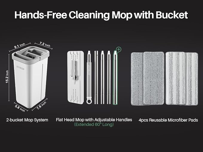 JOYMOOP Flat Mop System, Microfiber Mop and Bucket Set, White, Hands-Free Floor Cleaning System with Wringer, Wet and Dry Use, 60" Handle, Includes 4 Reusable Pads