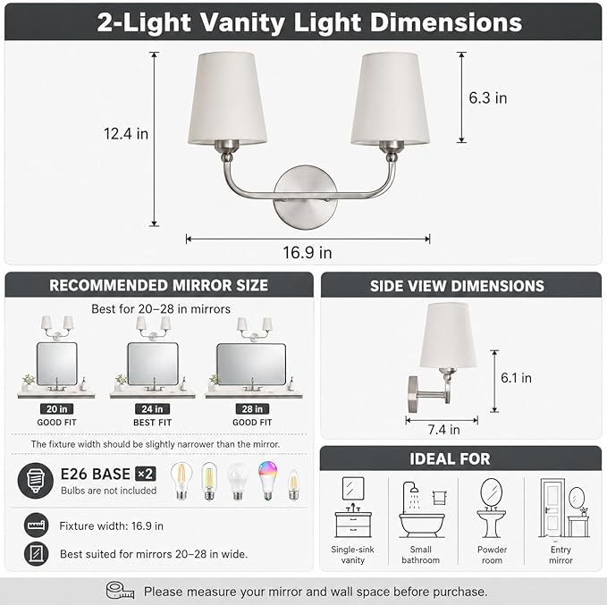 Bathroom Light Fixtures, Brushed Nickel Bathroom Vanity Light, 2-Light Lighting Fixtures Over Miror, Modern Wall Sconce with Flared White Fabric Shade, E26 Socket(ETL Listed)