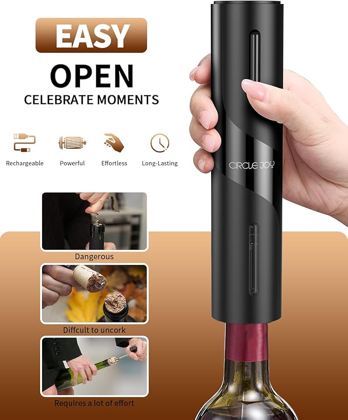 CIRCLE JOY 5-in-1 Electric Wine Bottle Opener Set, Rechargeable Wine Opener Kit, Cordless Wine Gift Set with Foil Cutter, Electric Aerator & Pourer and Vacuum Stopper for Wine Lovers, Black