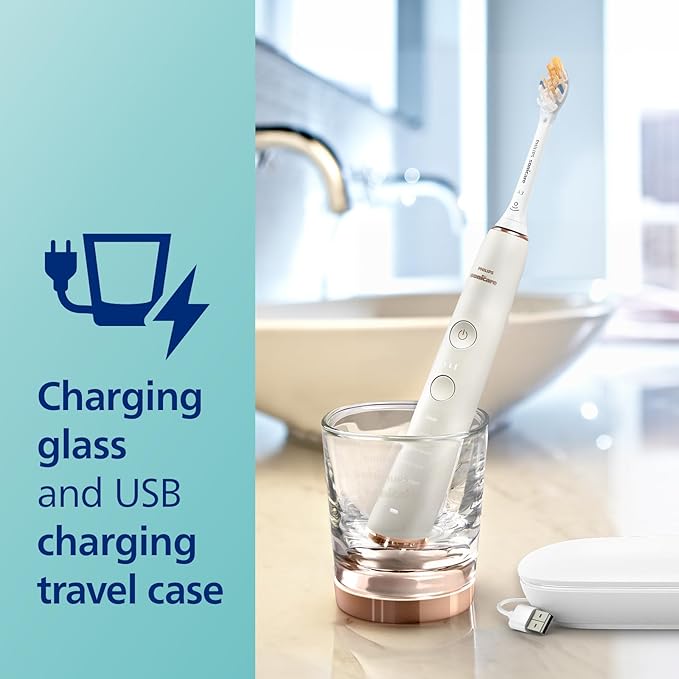 Philips Sonicare DiamondClean Smart 9700 Electric Toothbrush - Sonic Toothbrush with App, Pressure Sensor, 15 Brushing Settings, Replacement Reminder, USB Charging Travel Case, Rose Gold, HX9957/81