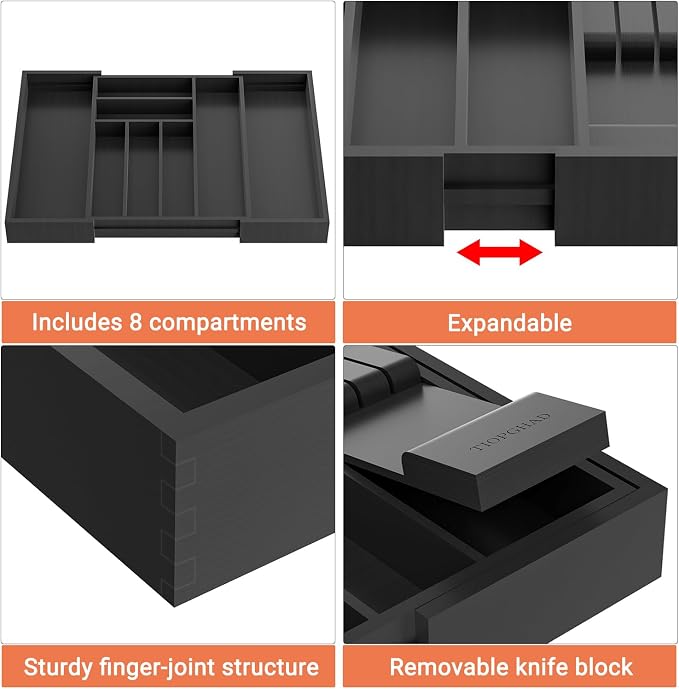 TIOPGHAD Bamboo-Silverware-Drawer-Organizer-Kitchen, Expandable Utensil Holder Cutlery Tray Flatware Organization Adjustable Wood Tableware Dividers Storage (with Removable Knife Block)(Black)