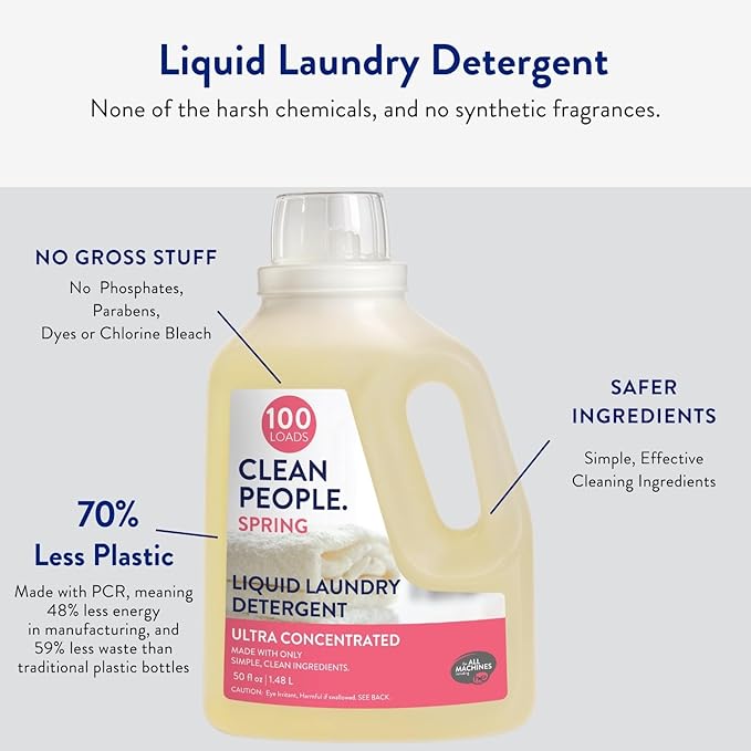The Clean People Liquid Laundry Detergent - Recyclable Packaging, Stain Fighting - Ultra Concentrated, Laundry Soap - Spring Scent, 50 fl oz