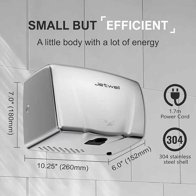 JETWELL Compact Hand Dryer for Bathrooms Commercial- Stainless Steel High Speed Hand Dryer with Heating Switch- AC110V-130V Warm Wind Hand Blower