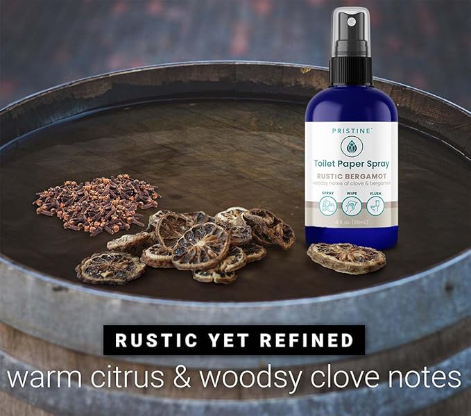 PRISTINE Toilet Paper Spray, As Seen on Shark Tank, Flushable Wipe Alternative, Personal Cleansing Bathroom Spray for Regular Toilet Tissue, Bidet Alternative, Made in USA, Rustic Bergamot, 1oz Travel