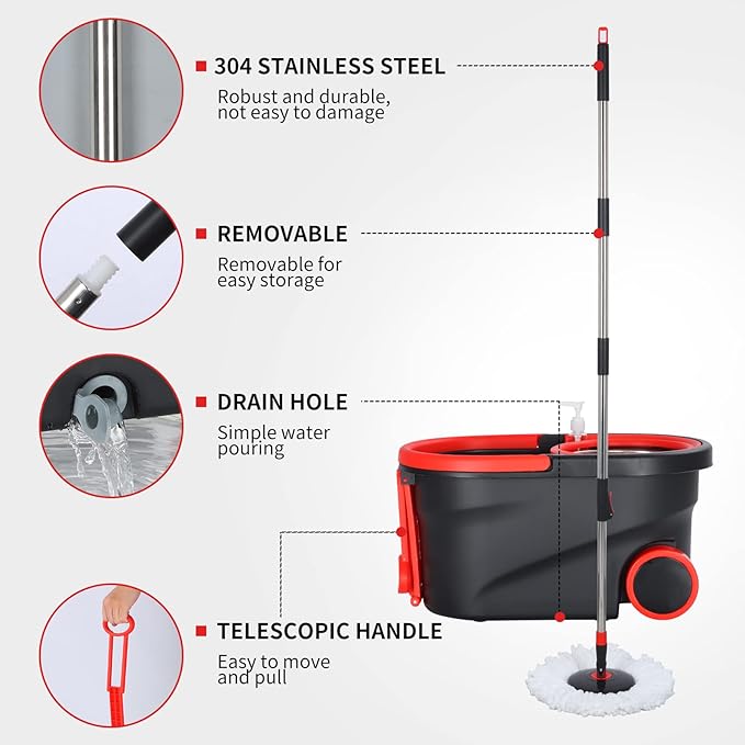 Spin Mop and Bucket with Wringer Set on Wheels, 3 Mop Refills, 61" Handle | 360° Spinning Mop System with Stainless Steel Extended Handle & 3 Microfiber Refills for Floor Cleaning