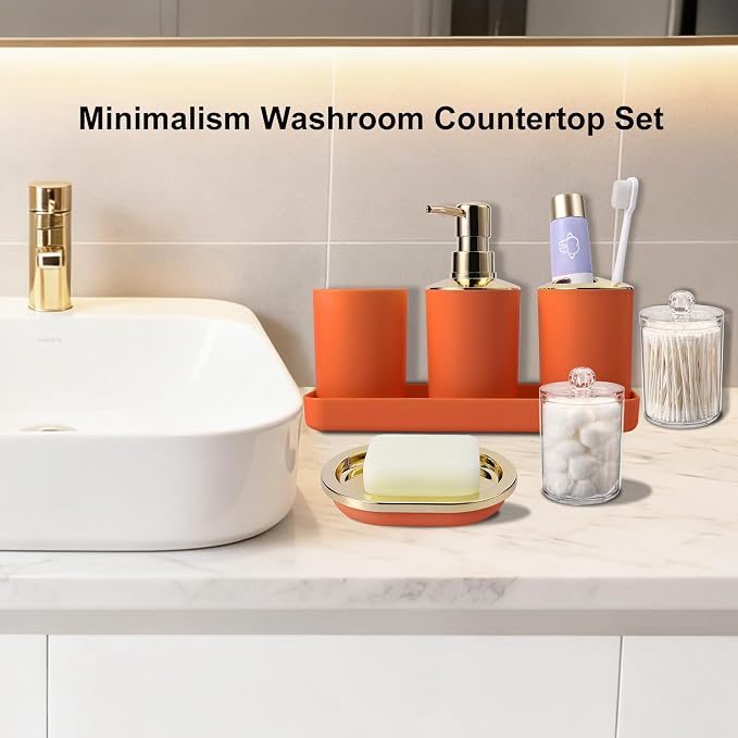 25 Pieces Bathroom Set Orange and Gold Bathroom Accessories Set, Shower Curtain and Rugs, Trash Can, Toilet Brush, Soap Dispenser, Soap Dish, Toothbrush Holder, Tumbler, Tray, Qtip Holder