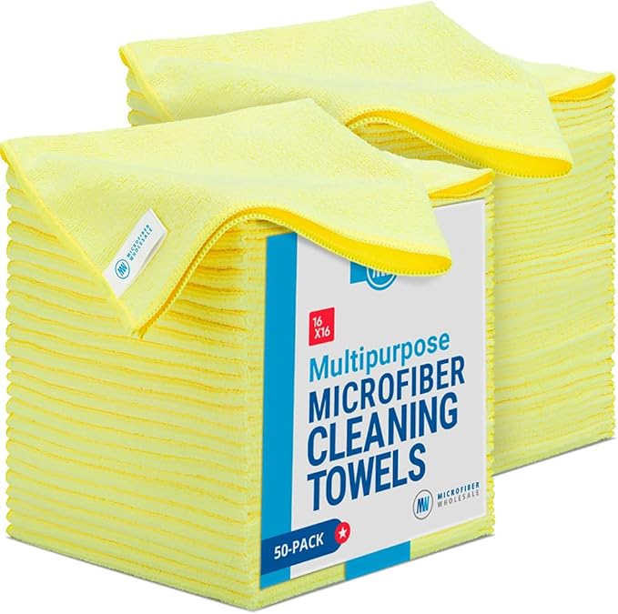 Microfiber Wholesale - 16"x16" 50 Pack Microfiber Cleaning Cloths, All-Purpose Shop Rags for Janitorial, Auto Detailing, Restaurants & Home Use — Reusable, Machine Washable (Yellow)