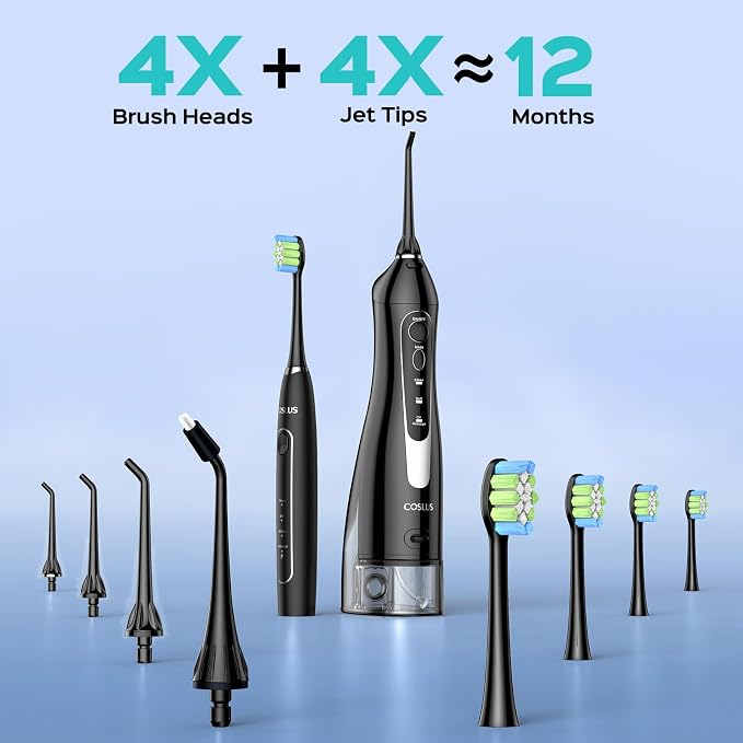 COSLUS C20C41 Water Flosser Electric Toothbrush Combo, 2-1 Oral Clean Kit | Brushing & Flossing for Teeth & Braces Cleaning, Gums Care, Portable Travel Use, Gift for Family, Adults, BPA-Free, Black