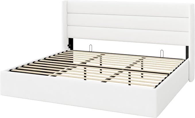 Allewie King Size Lift Up Hydraulic Storage Bed Frame White | Modern Wingback Headboard, Hydraulic Support Storage, No Box Spring Needed