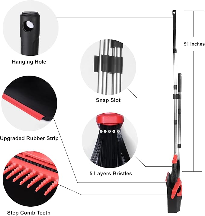 Tiumso Upgrade Broom with Dustpan Combo Set, Broom and Dustpan Set with 51'' Long Handle, Dust Pan and Brooms, ZeroGap Lip, Self-Cleaning Dustpans Teeth for Lobby Kitchen Restaurant - Black and Red