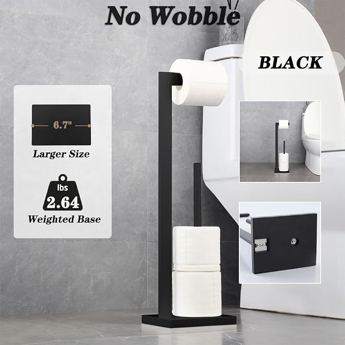 GERZWY SUS 304 Stainless Steel Toilet Paper Holder, Free Standing Lavatory Pedestal Toilet Paper Stand with Reserve, Matte Black DZY004-BK