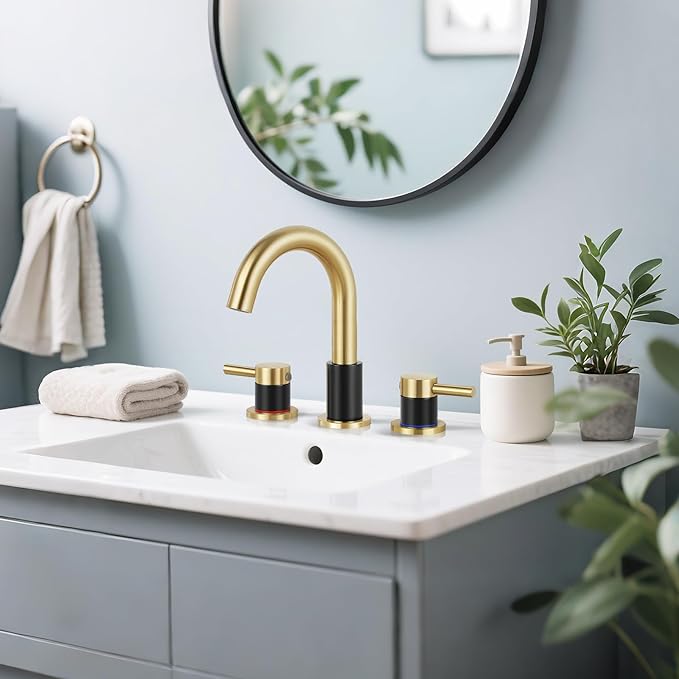 Bathroom Faucet 3 Hole, Brushed Gold and Black Bathroom Sink Faucet with Pop Up Drain, 8 inch Widespread Bathroom Faucet with 360° Swivel Spout, 2 Handle Vanity Faucet with Water Supply Hoses
