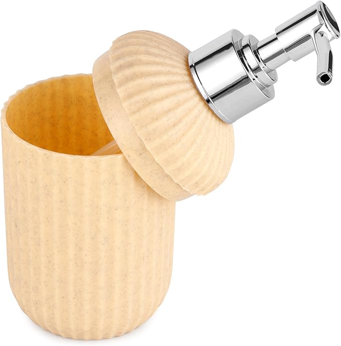 Bathroom Accessories Set of 3, Toothbrush Holder, Liquid Soap Dispenser & Tray, Unbreakable Plastic Organizer for Sink & Bathroom Essentials, Handwash, Sanitizer, Shampoo, Lotion (Beige)