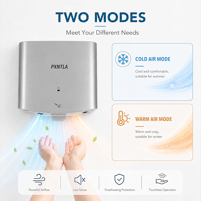 Hand Dryer, 12-15 Seconds Fast Dry Hands, 100-130V Voltage, Bottom Hot & Cold Air Switch, IPX1 Waterproof & 60s Overheat Protection